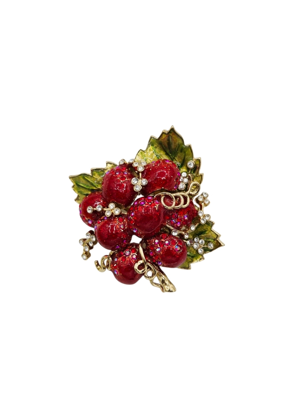 VTG ST JOHN Brooch Pin Red Grape Cluster Vine Enamel Swarovski Crystals Signed